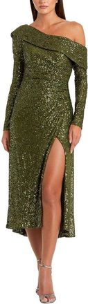 Mac Duggal One-Shoulder Sequin Midi Dress