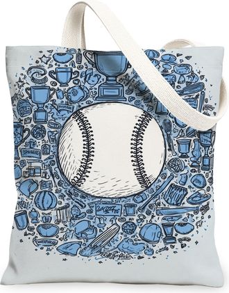 Generic Sporty Blue Canvas Tote Bags, Fun Baseball Design Reusable Grocery Bags, Summer Lightweight Washable Shoulder Strap Canvas, Blue, 13x15 Inch