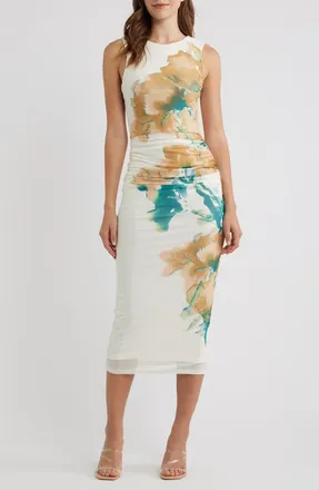 Flying Tomato Floral Ruched Midi Dress in Ivory Camel at Nordstrom, Size Medium