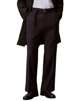 Calvin Klein Straight Wool-Blend Pinstripe Belted Trouser