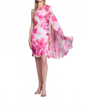 Joseph Ribkoff Floral Print One-Shoulder Cape Sleeve Mini Dress In Vanilla/multi