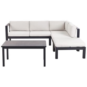 Beliani Conjunto De Jard&iacute;n 5 Plazas Sof&aacute; Y Mesa Estructura Negra Tablero De Vidrio Y Cojines Blanco Crema Messina