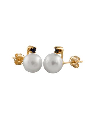 Splendid Pearls 14K 0.10 Ct. Tw. Sapphire & 7-7.5Mm Freshwater Pearl Studs