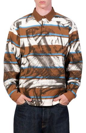 Pleasures Worms Graphic Rubgy Shirt in Brown Stripe at Nordstrom, Size X-Large