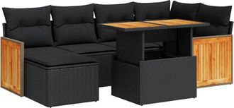 vidaXL 7 Piece Garden Sofa Set with Cushions Black Poly Rattan Acacia Vidaxl