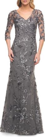 La Femme Exquisite Lace Beaded Long GOwn with Sheer Sleeves in Gunmetal at Nordstrom, Size 10