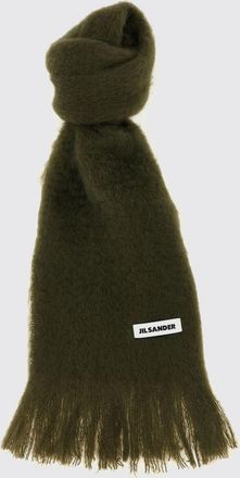 Jil Sander Fringed Mohair Wool Blend Scarf with Applied Logo Patch