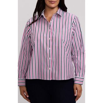 Foxcroft Jodie Stripe Cotton Button-Up Shirt in Pomegranate Red/multi at Nordstrom, Size 2X