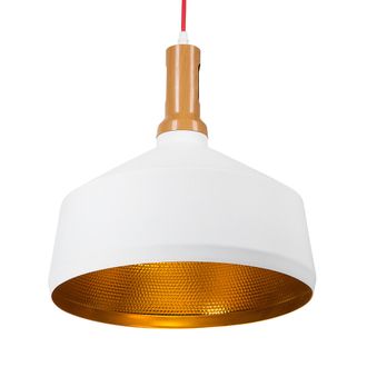 Beliani L&aacute;mpara Colgante Blanca Con Dorado Y Madera Clara Pantalla Geom&eacute;trica Redonda De Aluminio Dise&ntilde;o Industrial Sepik