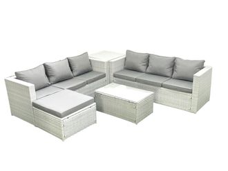 Fimous Garden Outdoor PE Rattan Furniture Set 7 Seater Rattan Garden Sofa Set with Big Footstool Side Table Light Grey Mixed