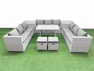 Fimous 11 Seat Patio PE Rattan Garden Furniture with 2 Side Tables 2 Stools in Light Grey