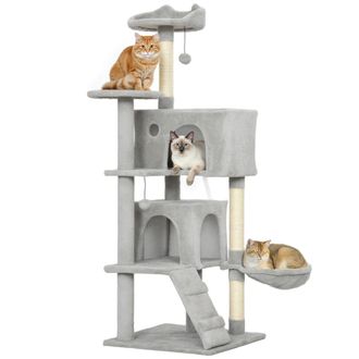 OEM &Aacute;rbol Rascador Para Gatos 140 Cm Con Plataformas Cama 2 Cuevas Hamaca Escalera Postes De Sisal Gris Claro