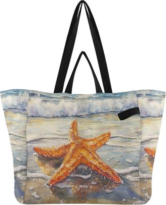Generic Blue Starfish Ocean pattern Reusable Canvas Tote Bag, Heavy Duty Grocery Shopping Bag with Large Capacity Hard Bottom Double Handles Work Groceries Tr
