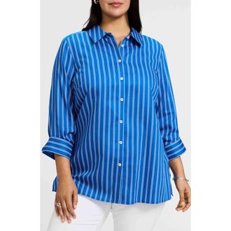 Foxcroft Evelyn Stripe Three-Quarter Sleeve Cotton Button-Up Shirt in Cobalt Blue White at Nordstrom, Size 3X