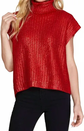 She + Sky Metallic Foil Short Sleeve Sweater Top In Red