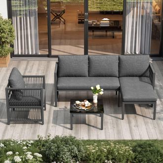 Direct Wicker 4-5 Seater Garden Corner Sofa Set with Tempered Glass Table in Dark Grey | Size: 4 Person