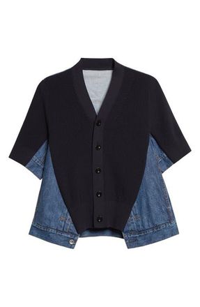 sacai Mixed Media Knit & Denim Cardigan in Navy/Blue at Nordstrom, Size 3