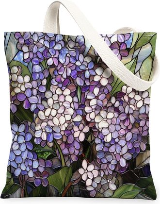 Generic Stained Glass Lilac Flower Canvas Tote Bag for Shopping 13x15, Luxury Floral Reusable Grocery Print Bag for Women Men, Garden Cool Aesthetic Painting 