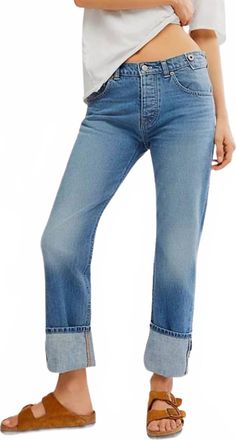 Free People Slim Shade Selvedge Cuff Jeans In True Blue