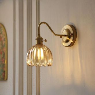 OEM Aplique De Pared Retro En Lat&oacute;n Y Cristal &Aacute;mbar, 12 Cm De Di&aacute;metro X 22 Cm De Altura, Luz C&aacute;lida Para Dormitorio - Ulisem