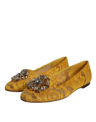 Dolce & Gabbana Womens Lace Crystal-Embellished Flat Yellow Viscose Cotton Nylon
