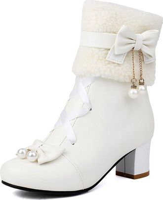 Generic Womens Round Toe Lolita Shoes with Bow PU Leather Short Boots with Zipper Block Heel Winter Ankle Boot,White,3.5 UK