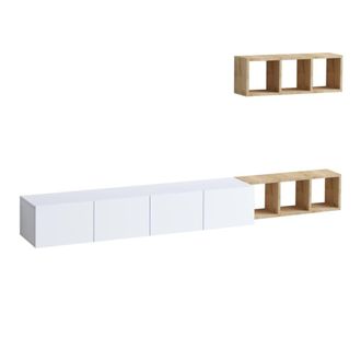 Calicosy Mueble de TV colgante 4 puertas blancas y estante de roble - L215 cm