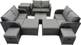 Fimous Rattan Garden Outdoor Furniture Set Love Sofa Square Coffee Table Set with 4 Stools Side Table Dark Grey Mixed - Fimous