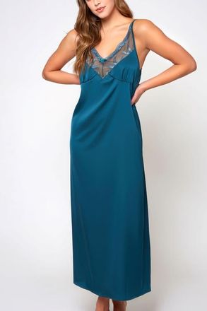 iCollection Satin Embroidered Mesh Long Nightgown in Teal at Nordstrom, Size Medium