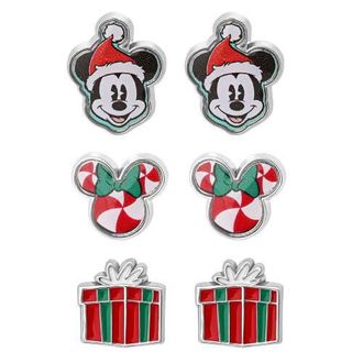 Disney Mickey and Minnie Mouse Holiday Stud Earring Set, Mickey Santa, Peppermint Minnie and Gift Box in Red, Green at Nordstrom