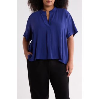 Eileen Fisher Split Neck Silk Short Sleeve Top in Infty at Nordstrom, Size 1X