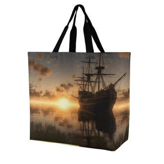 Generic Ship In The Lake Sunset Grocery Bag Durable Tote Bag Waterproof Handbags For Travel Work Casual
