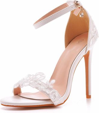 Generic White,8.5 UK,High Heels for Womens Peep Open Toe Stiletto Heel Pumps Ankle Strap Heeled Sandals Lace Dressy Wedding Bridal Party Shoes