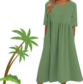 Generic Womens Casual Basic Outdoor Crew Neck Pocket Smocked Cotton Dress, Breathable Crew Loose Summer Outdoor Dress Pocket (Light Green,L)