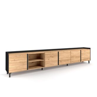 Skraut Home Mueble tv efecto madera roble y negro 309x35x61cm con patas