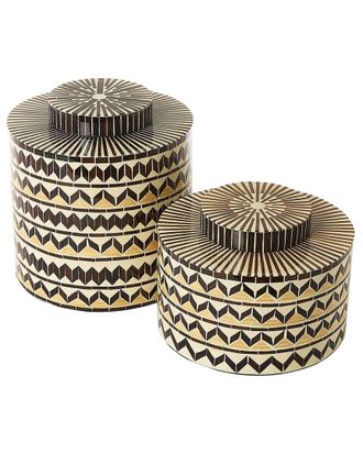 Tozai Home Home Set Of 2 Earth Tone Patterned Artisan Crafted Covered Jars