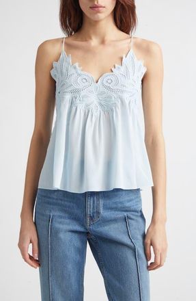 Ulla Johnson Rosie Lace Appliqu&eacute; Silk Tank in Adriatic at Nordstrom, Size 12