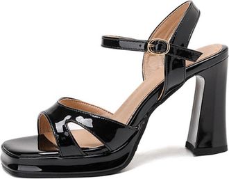 Generic Womens Block Heel Platform Dress Pumps Square Open Toe Slingback Party Prom Sandals Patent Leather Wedding Bridal Shoes,Black,4.5 UK
