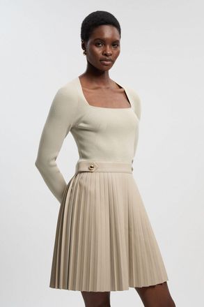 Karen Millen Womens Viscose Rib Pu Mix Tab Detail Pleated Knit Mini Dress - Beige - Size X-Small