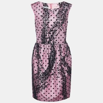 Moschino Couture Pink Printed Satin & Polka Dot Tulle Sleeveless Sheath Dress