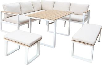 Sweeek Conjunto de jard&iacute;n en madera de acacia y aluminio de 8 plazas, blanco