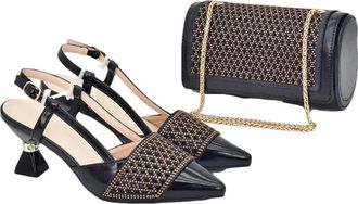 Generic Womens Luxury Shoe and Bag Matching Set Sparkly Rhinestone Gold Chain Strap Shoulder Bag Pointed Toe Heeled Shoes