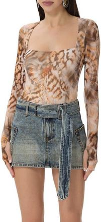 AFRM Ines Long Sleeve Abstract Print Mesh Top in Ember Swirl Shell at Nordstrom, Size X-Large