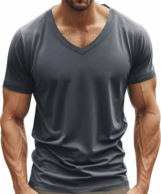 Generic Mens Muscle Fitted T Shirts 2025 Stylish V Neck Longline Comfy Soft Shirt Stretch Short Sleeve Gym Workout Athletic Cotton Tees Tops Dark Gray