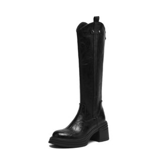 Generic Womens Round Toe Knee High Boots PU Leather Knight Boots with Zipper Block Heel Casual Long Boot,Black,4.5 UK