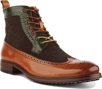 Justinreess England Men Lace up Wingtip Leather Brogues Boots with Tweed