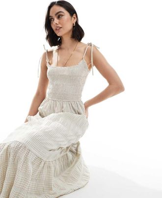 Daisy Street shirred midaxi dress in beige stripe-Neutral