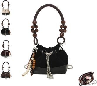 Generic Suede Beaded Drawstring Bucket Bag, Suede Beaded Drawstring Shoulder Purse, Lightweight Shoulder Purse for Women(A04)