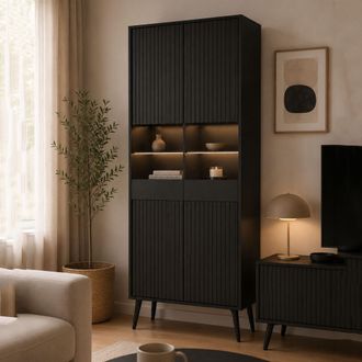 Dmora Vitrina Lenega, Mueble Expositor 6 Estantes, 2 Puertas, 2 Estantes De Vidrio, 91x40x193h Cm Negro