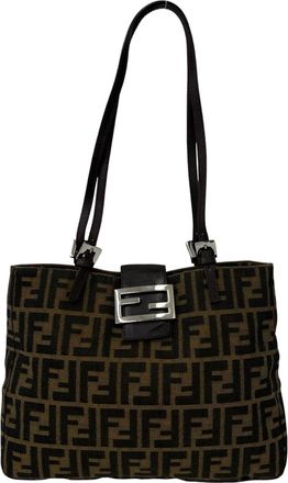 Fendi Black Brown Canvas Leather Handbag Shoulder Bag Tote Bag (Pre-Owned)